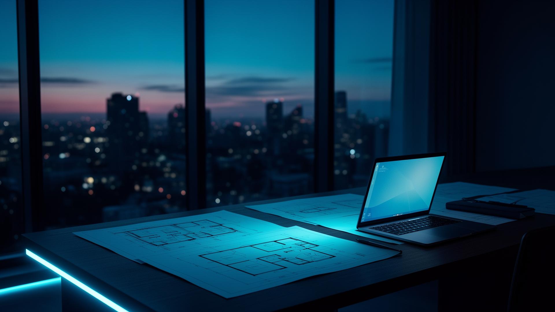 BluStar workspace at twilight